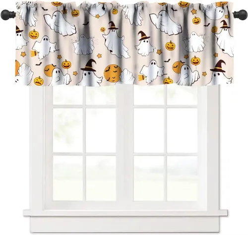 Vista 36 de Cortina de cenefa para fiesta de Halloween, diseño de dibujos animados, lindo fantasma, castillo sombrío, calabaza, murciélago, bolsillo para barra