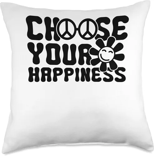 Vista 4 de Happiness Quotes Retro Bohemian Nostalgia Design Choose Your Happiness Hippie Positivity Affirmations Groovy Throw Pillow, 16x16, Multicolor