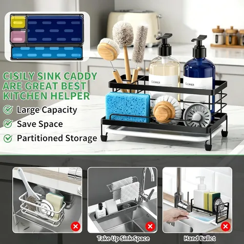Vista 3 de Cisily Soporte Grande de Esponja Negra para Cocina, Caddy de Fregadero Estante Organizador de Fregadero para Accesorios de Cocina con Bandeja
