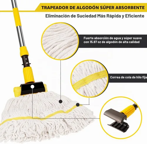 Vista 4 de Trapeador industrial profesional comercial resistente con mango largo de 54 pulgadas, mopa húmeda para el hogar, taller, limpieza de pisos