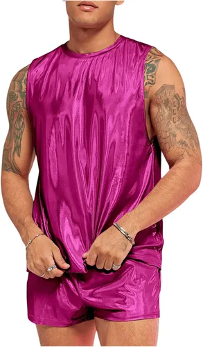 Vista 4 de WDIRARA Conjunto de 2 piezas para hombre, camiseta sin mangas holográfica y pantalones cortos con cordón