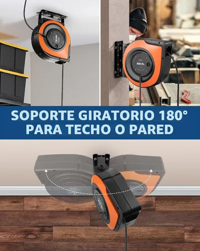 Vista 8 de DEWENWILS - Carrete de cable de extensión retráctil de 60 pies con 6 tomas de tierra, cable de alimentación resistente con tapón de bloqueo