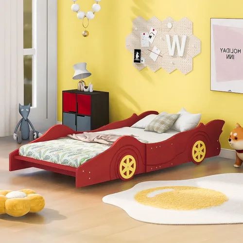 Vista 10 de anwickjeff Cama de plataforma en forma de auto de carreras con ruedas, cama de plataforma de madera tamaño individual con barandilla, cama