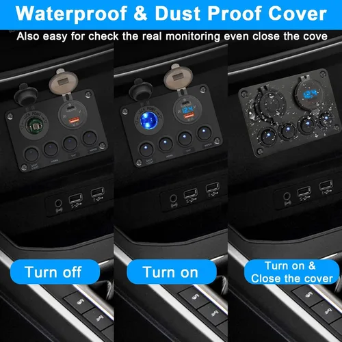 Vista 4 de Linkstyle Panel de interruptores de 12 V, puerto USB A de 18 W y puerto USB C de 45 W, enchufe para encendedor de cigarrillos con voltímetro digital