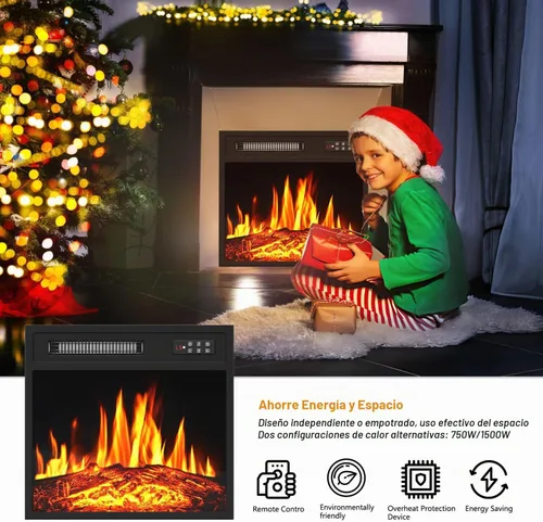 Vista 7 de PRETZI - Chimenea eléctrica de 18 pulgadas con llama LED realista, 750/1500 W Recessed Fireplace Heater with 8H Timer, Remote & Control Panel