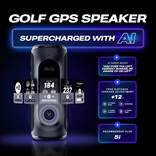 Vista 2 de Blue Tees Golf Player+ Altavoz GPS con tecnología de IA - Pantalla táctil, batería de más de 10 horas, más de 40,000 campos, distancias visuales