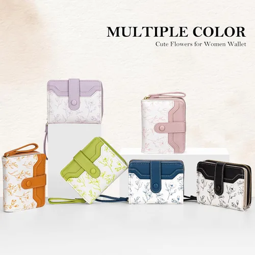 Vista 5 de BIAOTIE - Cartera para mujer con flores bonitas, con bloqueo RFID, tarjetero para tarjetas de crédito, monedero pequeño de dos pliegues