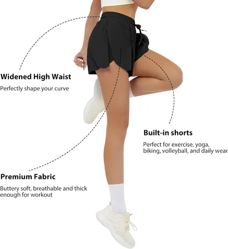 Vista 5 de FireSwan Pantalones cortos deportivos fluidos para mujer, 2 en 1, con bolsillos, para correr, gimnasio, entrenamiento, tenis, falda pantalón