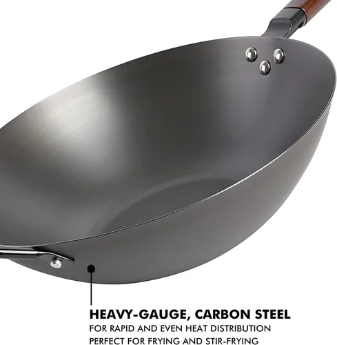 Vista 2 de Babish Wok de acero al carbono con fondo plano y sartén para saltear, 14 pulgadas