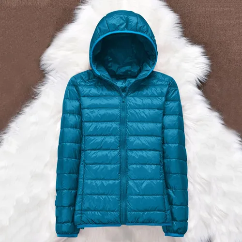 Vista 4 de Chaqueta acolchada para mujer 2024, cálida y plegable, ligera, ajustada, con capucha, abrigo corto de plumón de pato