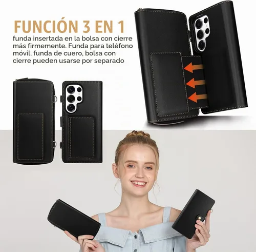 Vista 5 de Funda tipo cartera para Samsung Galaxy S25 Ultra, funda tipo cartera multifunción, desmontable 3 en 1 magnética para Galaxy S25 Ultra, funda