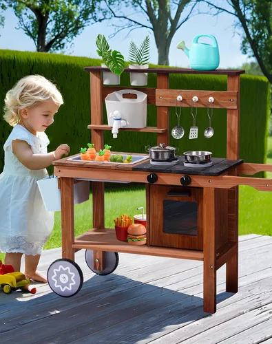 Vista 8 de ROBUD Cocina de barro para niños al aire libre con ruedas, cocina de madera al aire libre, cocina de barro para niños con fregadero y grifo