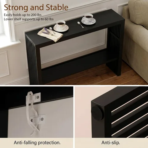Vista 5 de Mesa consola estrecha de bambú de 47.2 pulgadas, mesa auxiliar de granja de 2 niveles, mesa de entrada rectangular, moderna mesa de sofá detrás