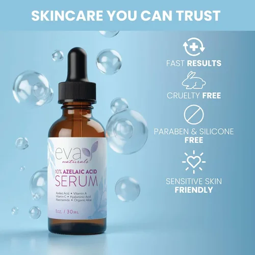 Vista 8 de Eva Naturals Suero para el cuidado de la piel de ácido azelaico para la cara, tratamiento facial con fórmula de niacinamida y ácido hialurónico