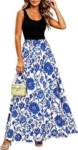 Vista 18 de Bluetime Vestido largo de verano para mujer, estilo bohemio, sin mangas, estampado floral (S-3XL)