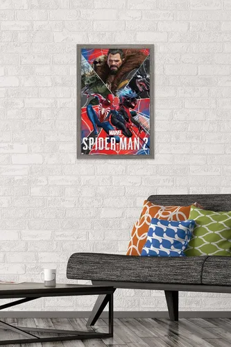 Vista 2 de Trends International Marvel's Spider-Man 2 - Póster de pared de grupo, 22.4 pulgadas de largo x 14.7 pulgadas, versión enmarcada de madera de granero