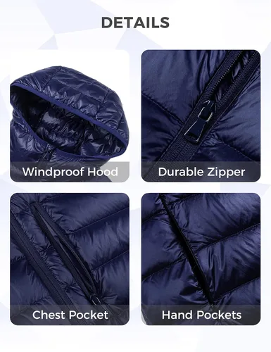 Vista 5 de wantdo Chaqueta de plumón plegable para hombre, chaqueta acolchada ligera con capucha para invierno