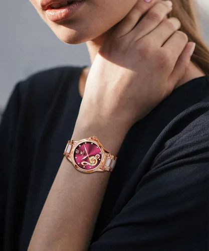 Vista 4 de OLEVS Relojes de mujer automáticos de cuerda automática para mujer, vestido de lujo de oro rosa, diamante blanco, cerámica para mujer, reloj