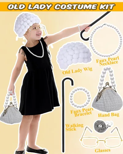 Vista 3 de Croknit 8 Pcs Old Lady Costume Set for Kids 100th Day of School Costume for Girls Granny Wig Cosplay