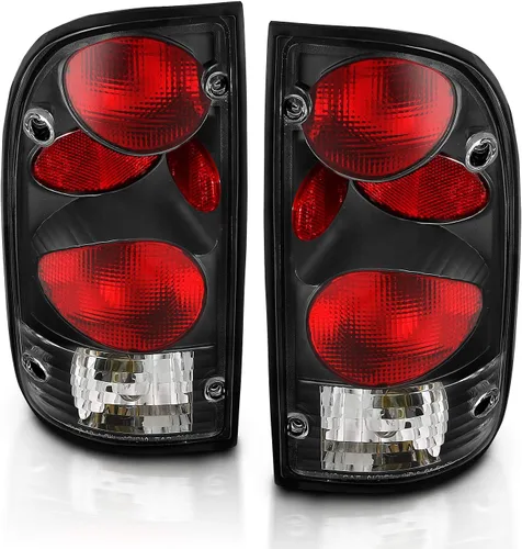 Vista 3 de AmeriLite juego de luces traseras de repuesto en negro para Toyota Tacoma 1995-2000 + bombilla y arnés - lado del pasajero y del conductor.