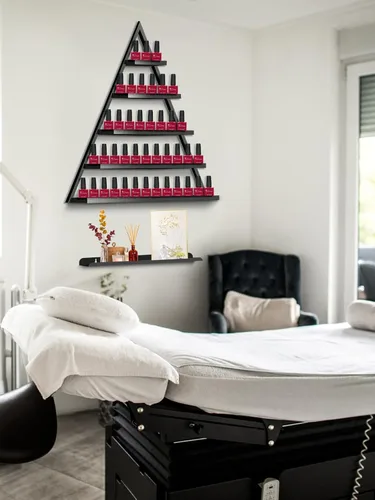 Vista 2 de Lorvain - 10 estantes de almacenamiento de esmalte de uñas de metal para montaje en pared, 5 niveles, color negro, triangular, vitrina