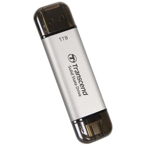 Vista 7 de Transcend ESD310 SSD externo de 1 TB, hasta 1,050 MB/s, unidad USB dual para iPhone17,16,15, iPad y Mac/Pixel10/Tesla/Steam Deck/ROG Ally/MSI Gris