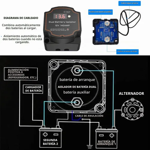 Vista 2 de Kit de aislador de batería dual AULESSE de 3m, aislador de batería de 140Amp, kit de 12V, relé de carga dividida, modos manual/auto, relé VSR