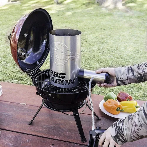 Vista 2 de Ventilador de carbón BBQ Dragon - Ventilador de parrilla inalámbrico para acampar, chimenea y parrillas - Ventilador de aire BBQ resistente