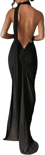 Vista 3 de Vestido largo sexy con tirantes delgados y espalda descubierta para mujer, con cordones, vestido de fiesta, estilo halter, vestido de club de noche
