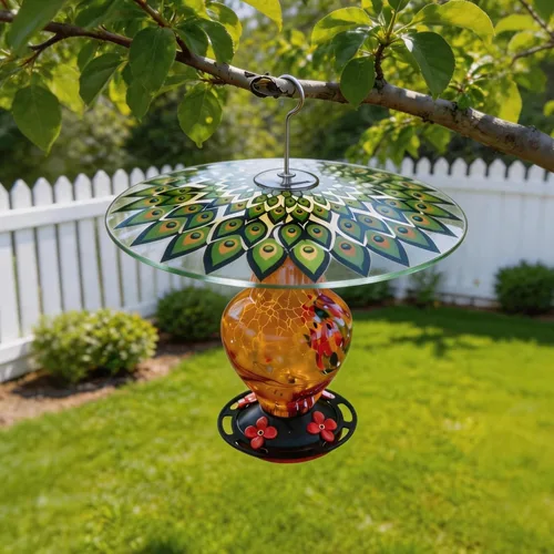Vista 6 de 13" Large Glass Rain Cover for Bird Feeder, Peacock Weather Guard Dome