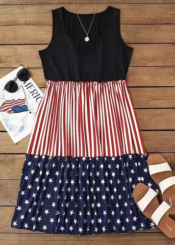 Vista 3 de CHUNTIANRAN Mini vestido con volantes y rayas verticales de la bandera americana, vestido patriótico del 4 de julio, vestido casual sin mangas