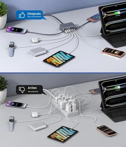 Vista 6 de Bloque de cargador USB C retráctil 8 en 1, concentrador de estación de carga múltiple GaN de 120 W con cable de iluminación y tipo C, enchufe