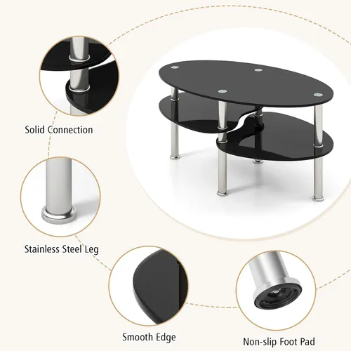 Vista 6 de Giantex Mesa de centro ovalada de vidrio templado transparente de 3 niveles con patas cromadas resistentes, mesa auxiliar de sofá pequeña, mesa