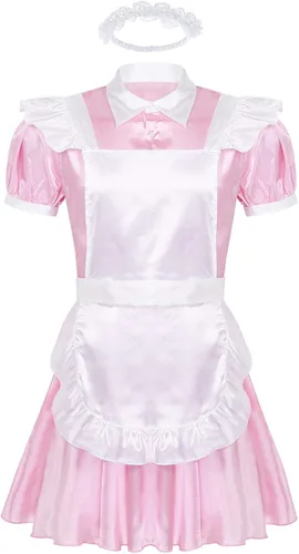 Vista 2 de Winying 3 piezas para hombre Sissy French Maid Cosplay Costume Crossdress Turn-Down Collar Puff Sleeve Dress Outfits