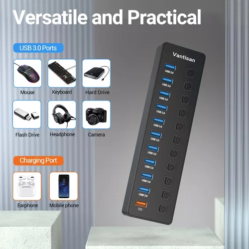 Vista 4 de Hub USB alimentado, divisor de concentrador USB 3.0 de 11 puertos, 10 puertos de transferencia de datos USB 3.0 + 1 puerto de carga inteligente