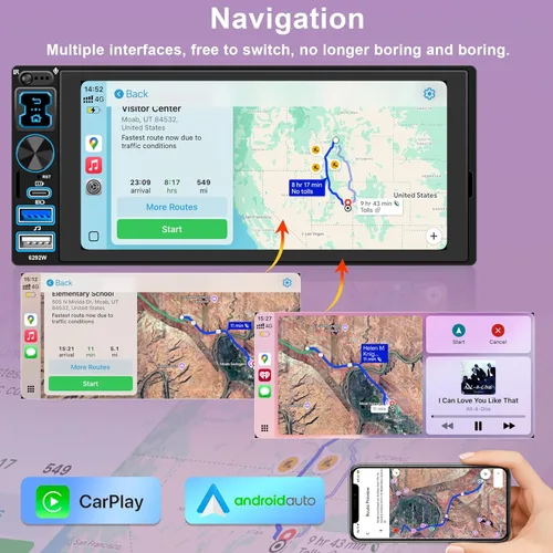 Vista 5 de Radio estéreo para automóvil DIN individual con Apple CarPlay inalámbrico y Android Auto, pantalla táctil IPS de 6.9" 1280x600, Bluetooth 5.2, radio