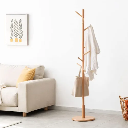 Vista 6 de Perchero independiente de bambú con base estable, 3 opciones de altura y 8 ganchos, soporte de madera para colgar la ropa, bolsas/sombreros