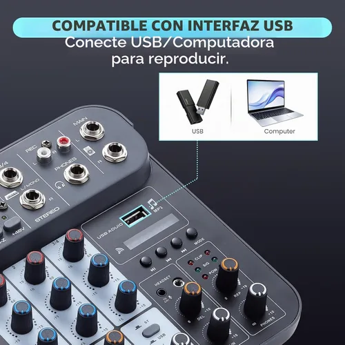 Vista 7 de Mezclador de audio DJ de 4 canales, mezcladores de sonido, placa de mezcla de sonido XLR 1/4" de interfaz, entrada BT USB MP3 para computadora