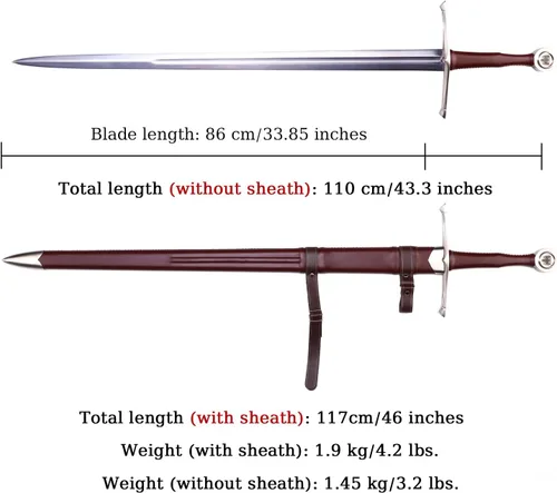 Vista 2 de Espada medieval de Arturo rey occidental de 49 pulgadas41.5 pulgadas, con funda de cuero, afilada espiga completa, real, espada larga de dos manos