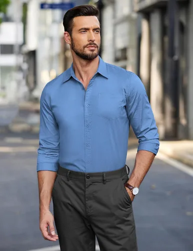 Vista 4 de COOFANDY Camisas casuales con botones para hombre, sin arrugas, de manga larga, sin pliegues