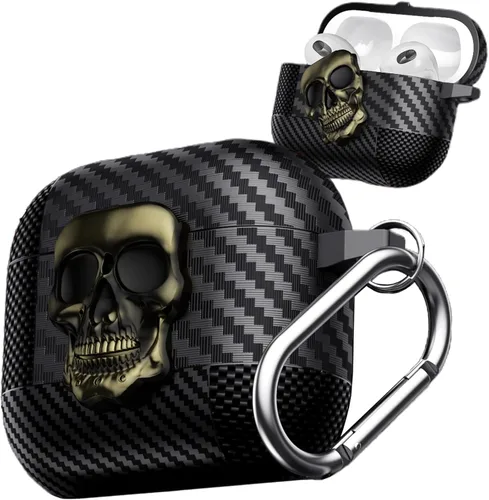 Vista 9 de Funda para AirPods Pro de 2ª generación, calavera con cerradura y llavero para hombres, divertida fibra de carbono de cuerpo completo, a prueba