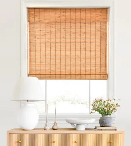 Vista 7 de LazBlinds - Cortinas romanas de bambú personalizadas sin cordón, tratamiento de ventana con filtro de luz, persianas enrollables de bambú retro