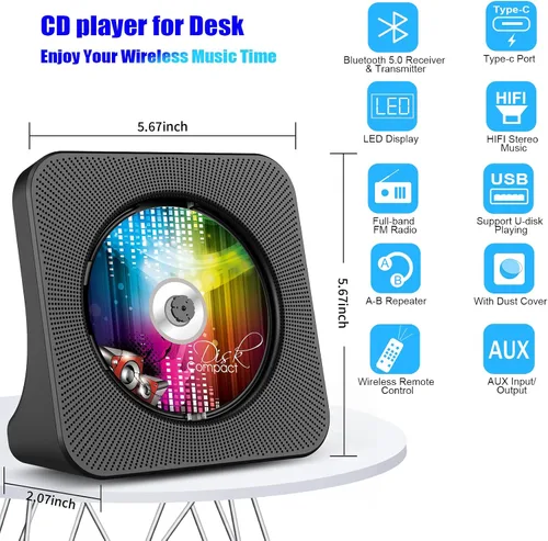 Vista 3 de Gueray Reproductor de CD portátil, reproductor de CD Kpop Bluetooth para escritorio con altavoz de sonido de alta fidelidad, radio FM, reproductor