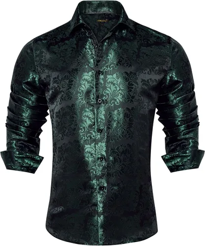 Vista 44 de DiBanGu Camisa de vestir de paisley de seda para hombre, formal, de manga larga, con cuello abotonado, camisas informales para fiesta de boda Negro