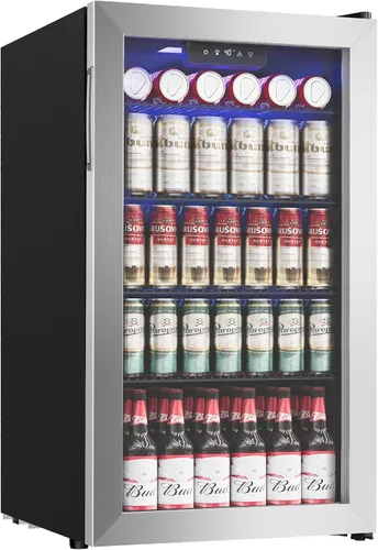 Vista 9 de Icyglee Refrigerador de bebidas, mini refrigerador para 16 botellas y 68 latas con puerta de vidrio, refrigerador independiente de bebidas para vino