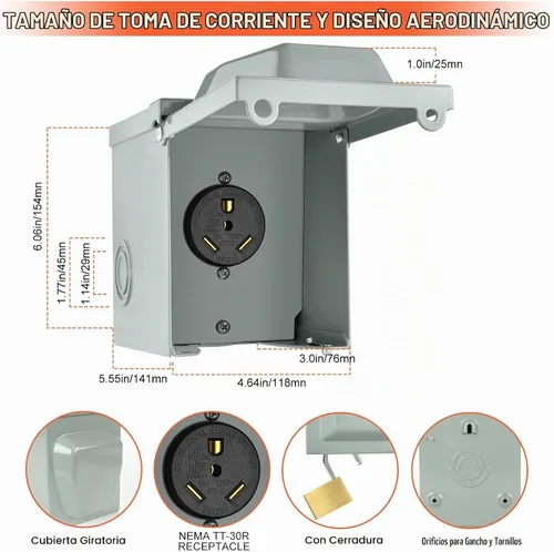 Vista 2 de WELLUCK Caja de toma de corriente de 30 amperios para RV, receptáculo RV de 125 voltios NEMA TT-30R, panel eléctrico exterior cerrado