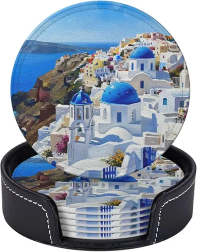 Vista 2 de Famame 6 posavasos de cuero para bebidas con soporte para pintura al óleo, hermosos juegos de posavasos Santorini para mesa de bebidas, posavasos