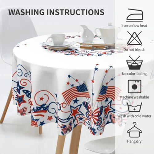Vista 3 de Giwawa Mantel de Mesa Redondo con Bandera de EE. UU., Mantel Americano con Estrellas, Mariposas, Círculo, 152 cm. Mantel del 4 de julio, Día