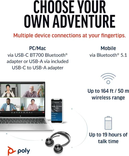 Vista 6 de Poly Voyager Focus 2 UC - Auriculares inalámbricos con micrófono (Plantronics) - Cancelación activa de ruido (ANC) - Conecta PC/Mac/Móvil a través