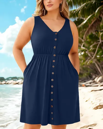Vista 82 de Holipick Vestidos de verano para mujer, talla grande, casual, con bolsillos, acampanado, con botones, sin mangas, cuello en V